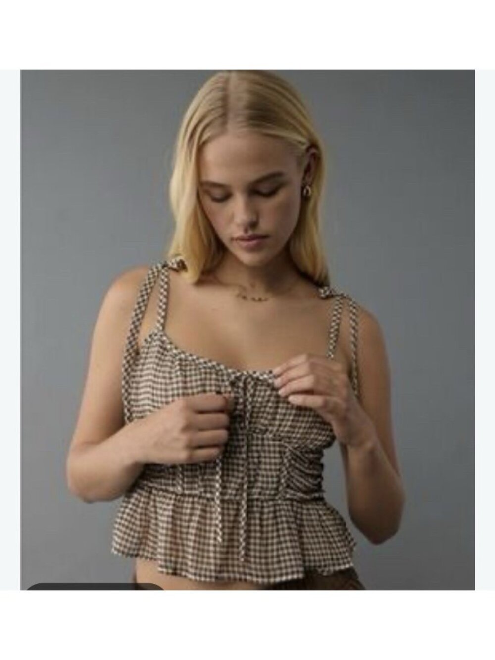American Eagle Gingham Milkmaid Peplum Top Tie Strap Cottagecore M Jj
